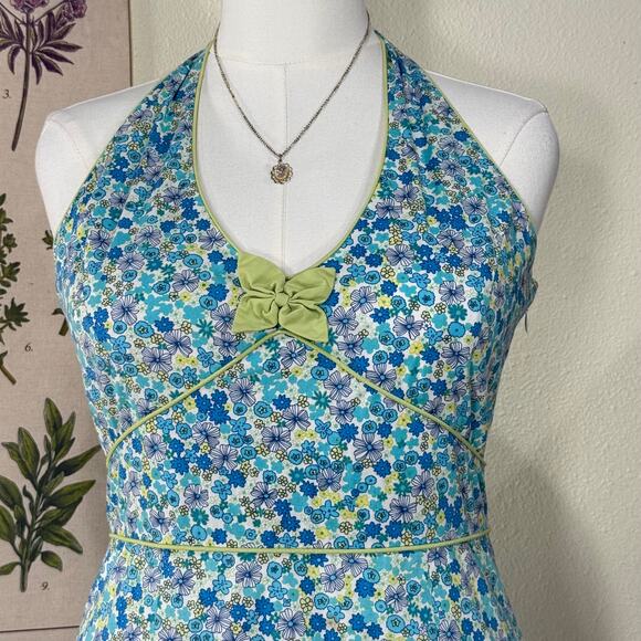 Vintage 90s Y2k Blue Floral Babydoll Halter Dress Retro Mod Whimsy Twee L - Picture 2 of 6
